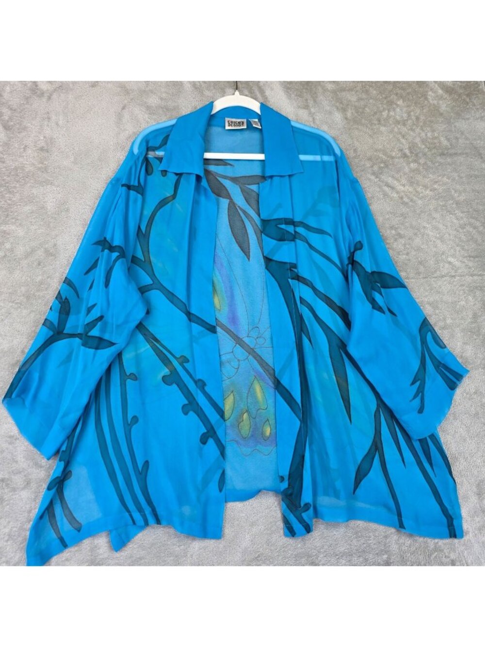 Chicos Design Jacket Womens 3 (XL) Blue Silk Sheer Kimono Butterfly Print Boho